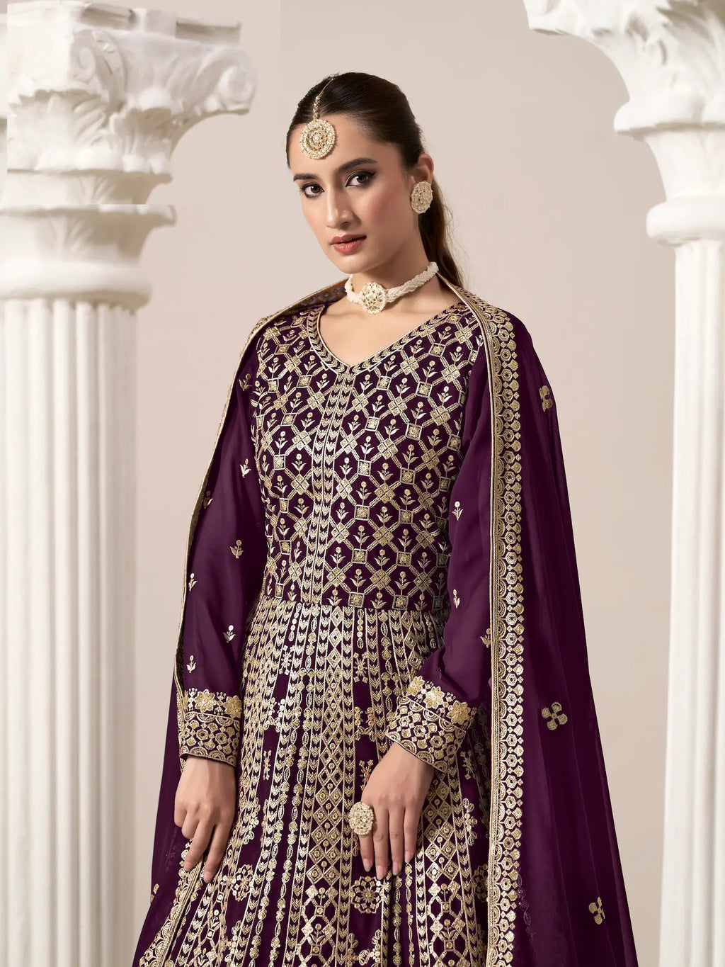 Wine Georgette Gown With Sequence & Thread Embroidery Work