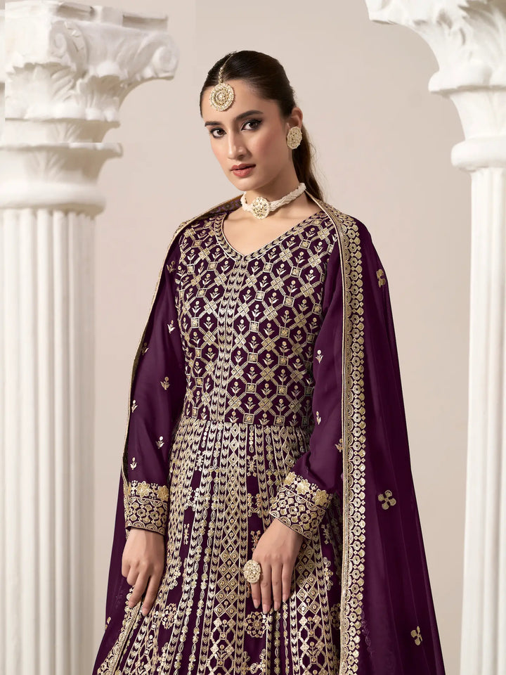 Wine Georgette Gown With Sequence & Thread Embroidery Work - qivii
