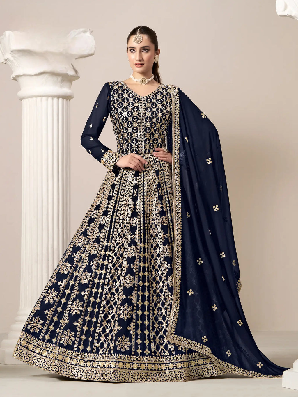 Navy Blue Georgette Gown With Sequence & Thread Embroidery Work