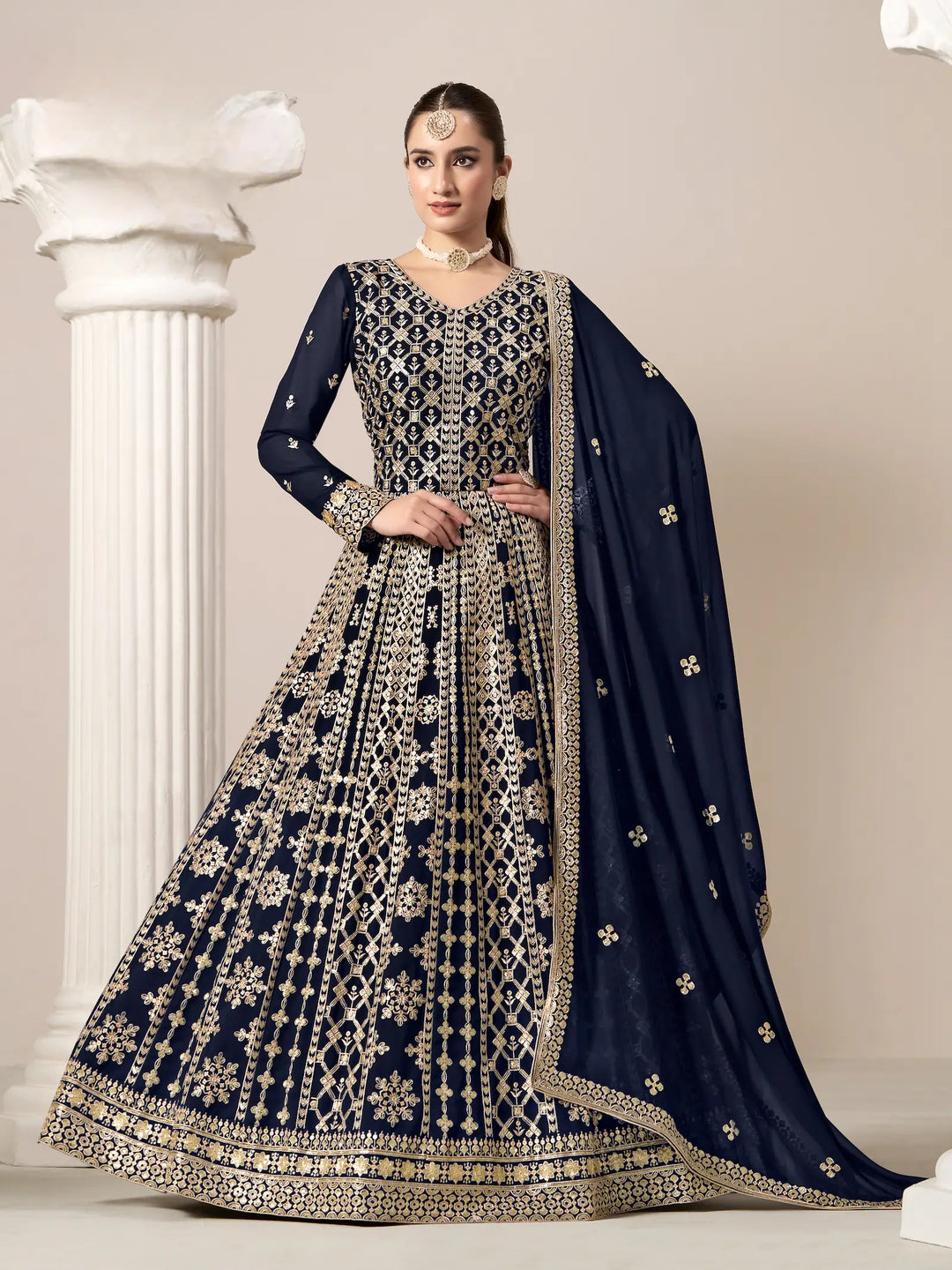 Navy Blue Georgette Gown With Sequence & Thread Embroidery Work - qivii