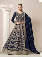 Navy Blue Georgette Gown With Sequence & Thread Embroidery Work