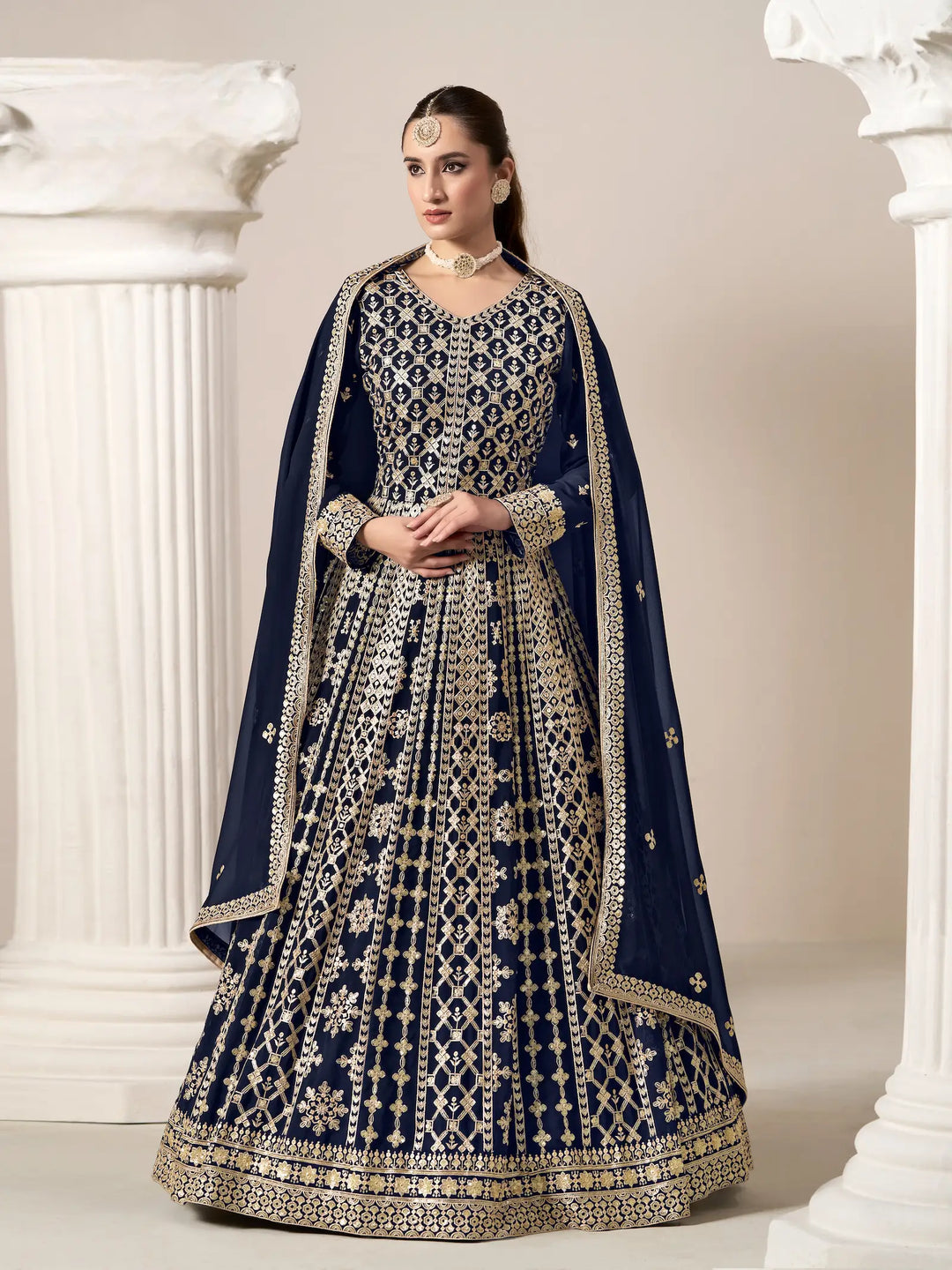 Navy Blue Georgette Gown With Sequence & Thread Embroidery Work - qivii