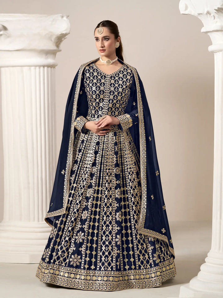 Navy Blue Georgette Gown With Sequence & Thread Embroidery Work - qivii