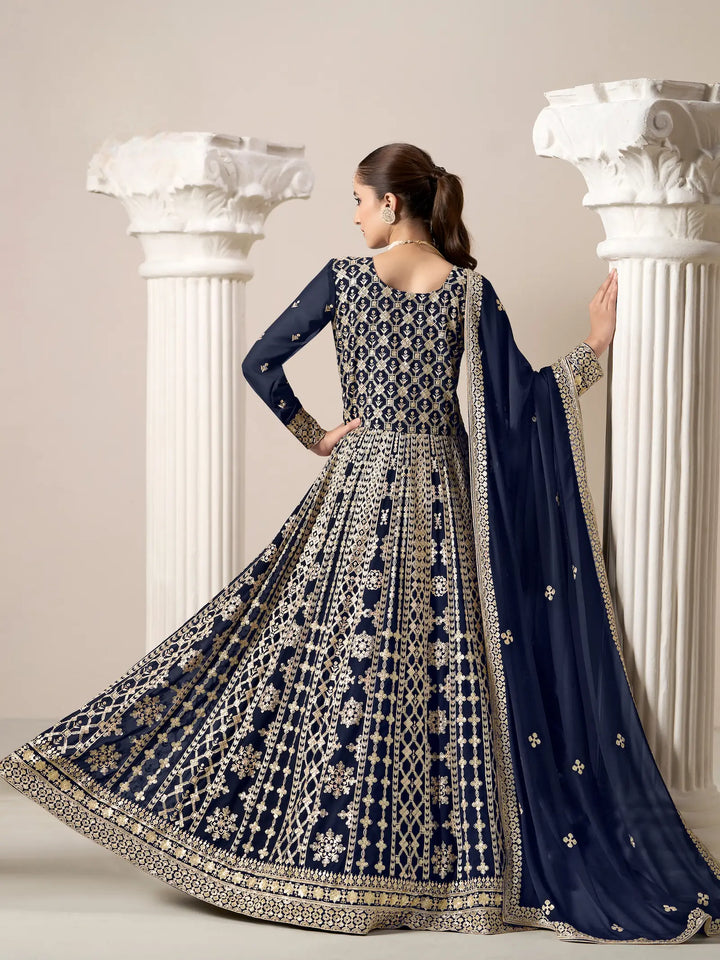 Navy Blue Georgette Gown With Sequence & Thread Embroidery Work - qivii