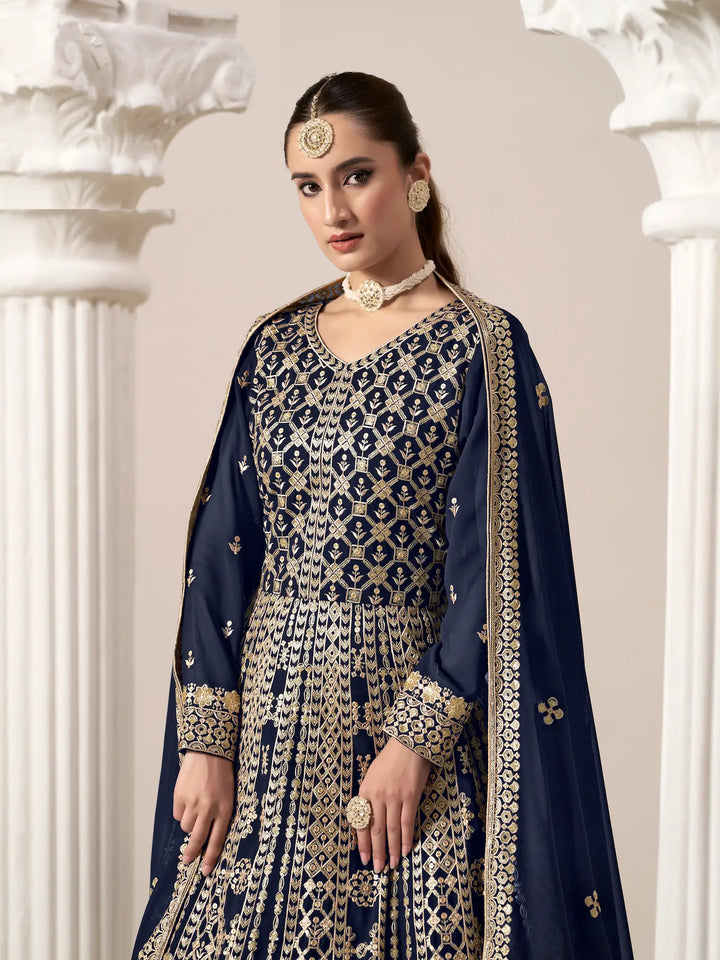 Navy Blue Georgette Gown With Sequence & Thread Embroidery Work - qivii