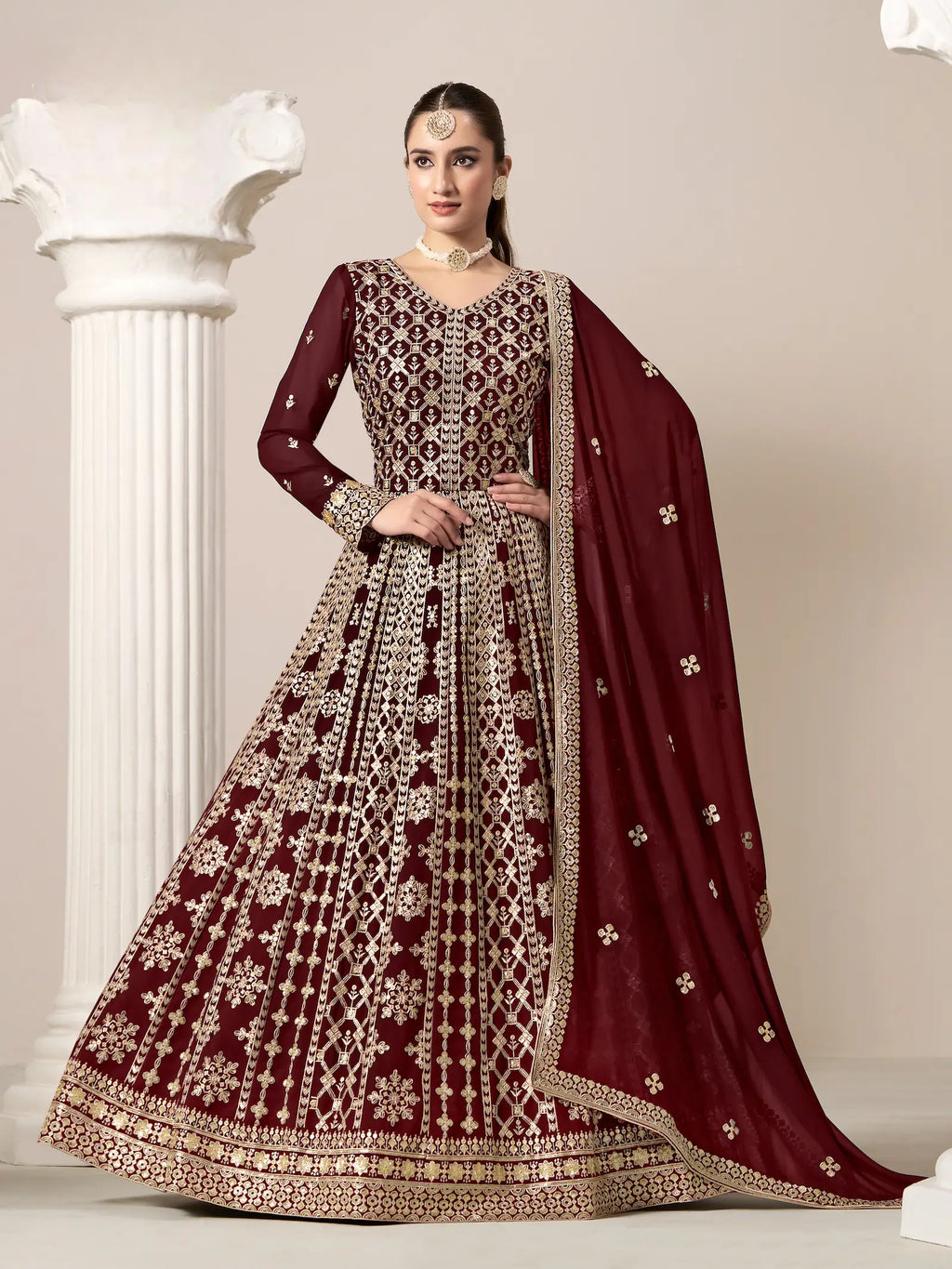 Maroon Georgette Gown With Sequence & Thread Embroidery Work
