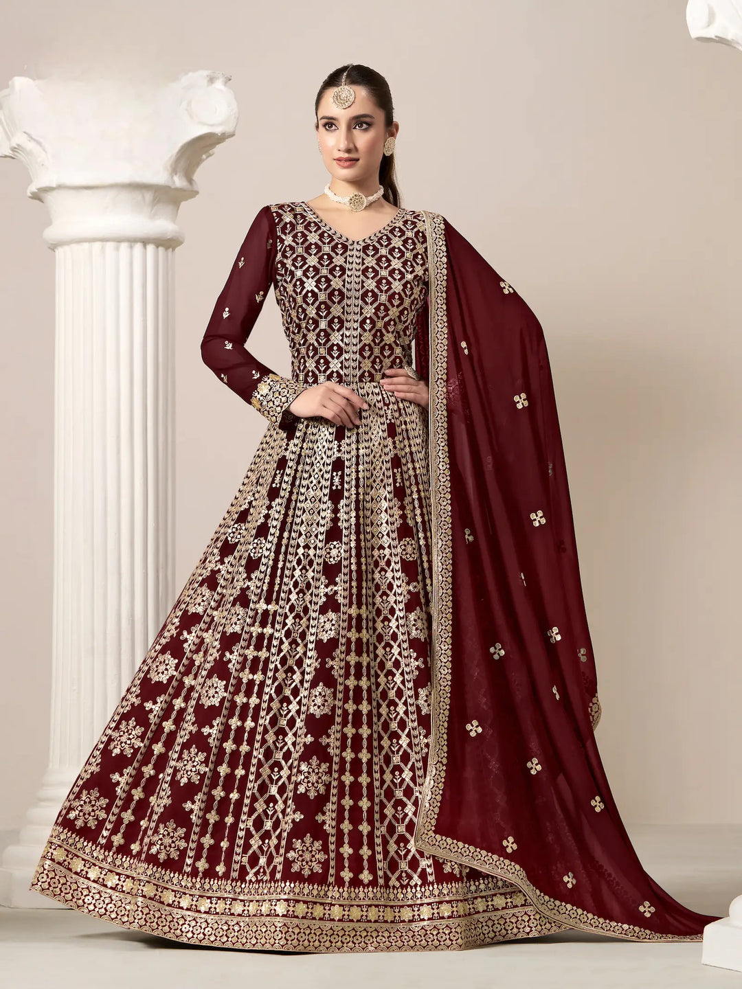 Maroon Georgette Gown With Sequence & Thread Embroidery Work - qivii