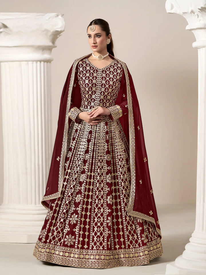 Maroon Georgette Gown With Sequence & Thread Embroidery Work - qivii