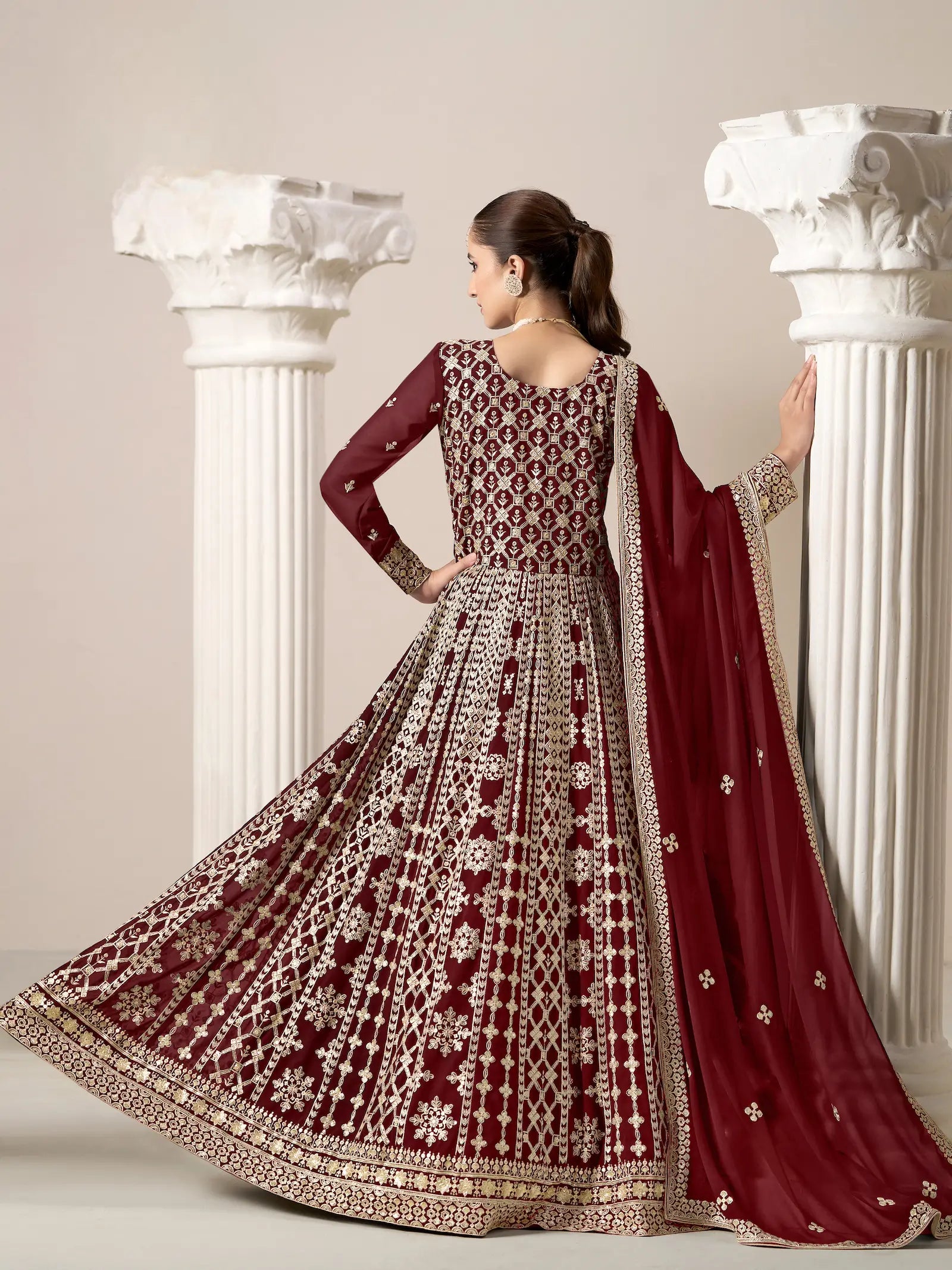 Maroon Georgette Gown With Sequence & Thread Embroidery Work