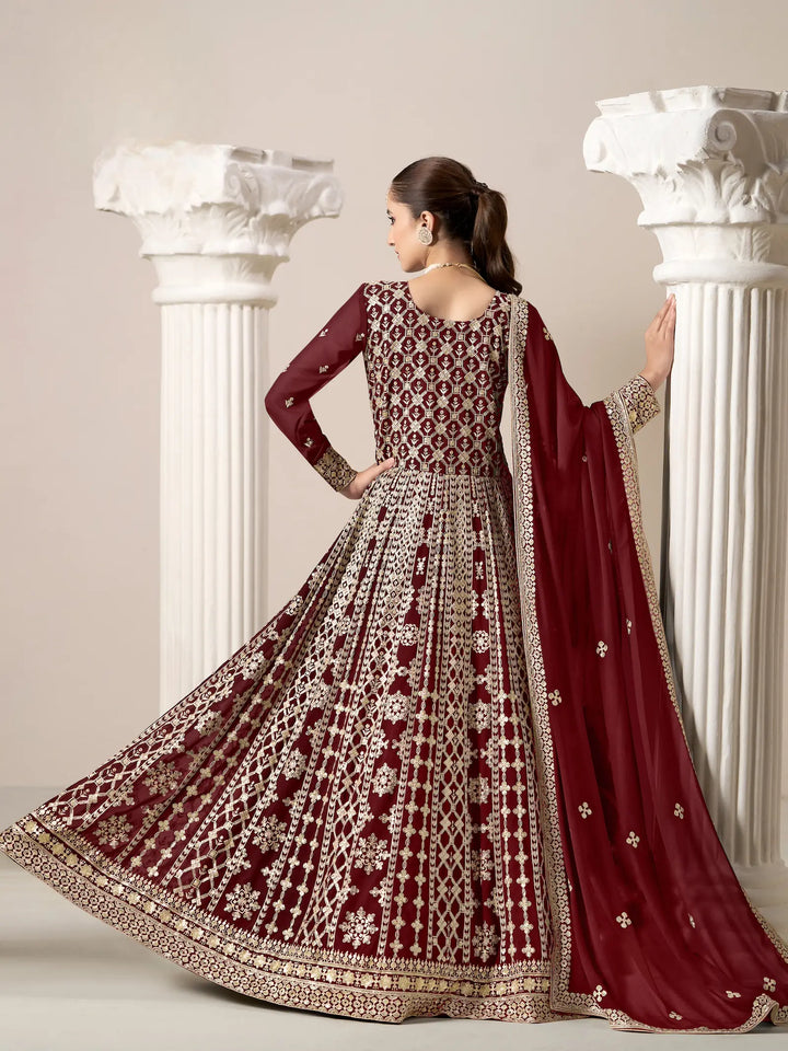 Maroon Georgette Gown With Sequence & Thread Embroidery Work - qivii