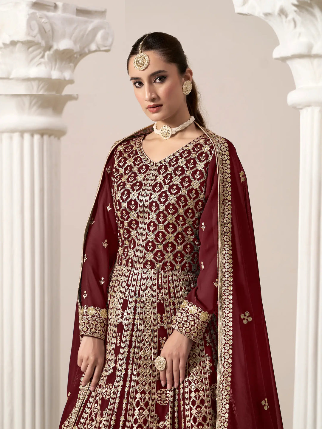 Maroon Georgette Gown With Sequence & Thread Embroidery Work - qivii