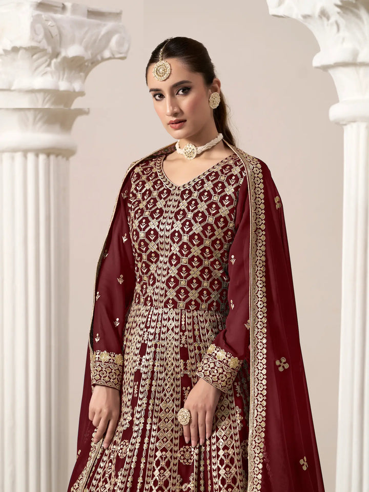 Maroon Georgette Gown With Sequence & Thread Embroidery Work - qivii
