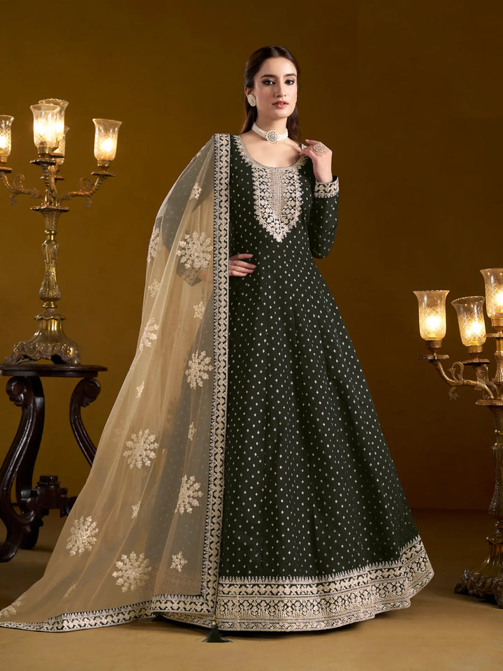 Black Chanderi Silk Gown With Zari Weaving Work,Sequence & Thread Embroidery Work - qivii