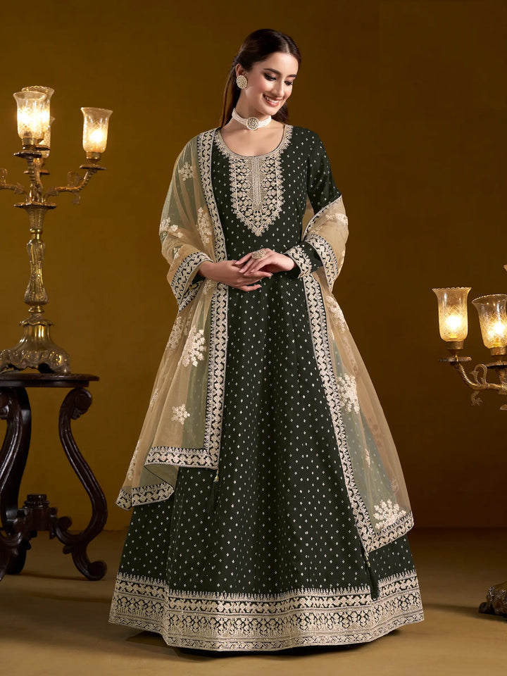 Black Chanderi Silk Gown With Zari Weaving Work,Sequence & Thread Embroidery Work - qivii