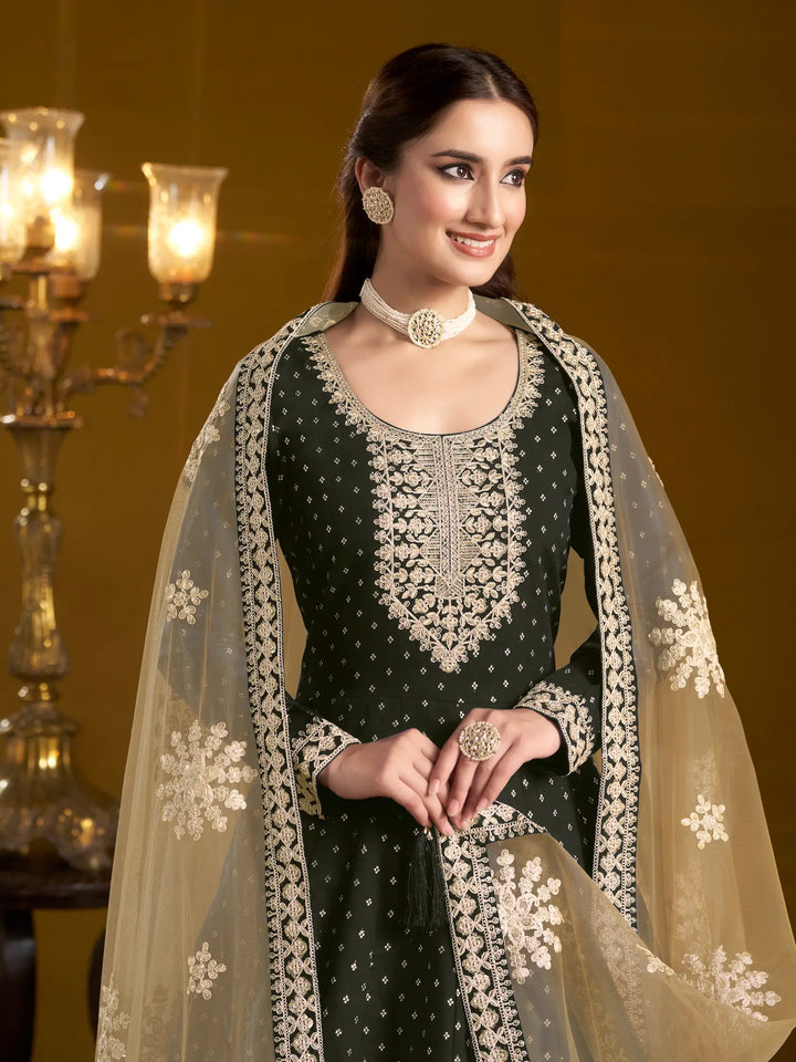 Black Chanderi Silk Gown With Zari Weaving Work,Sequence & Thread Embroidery Work - qivii