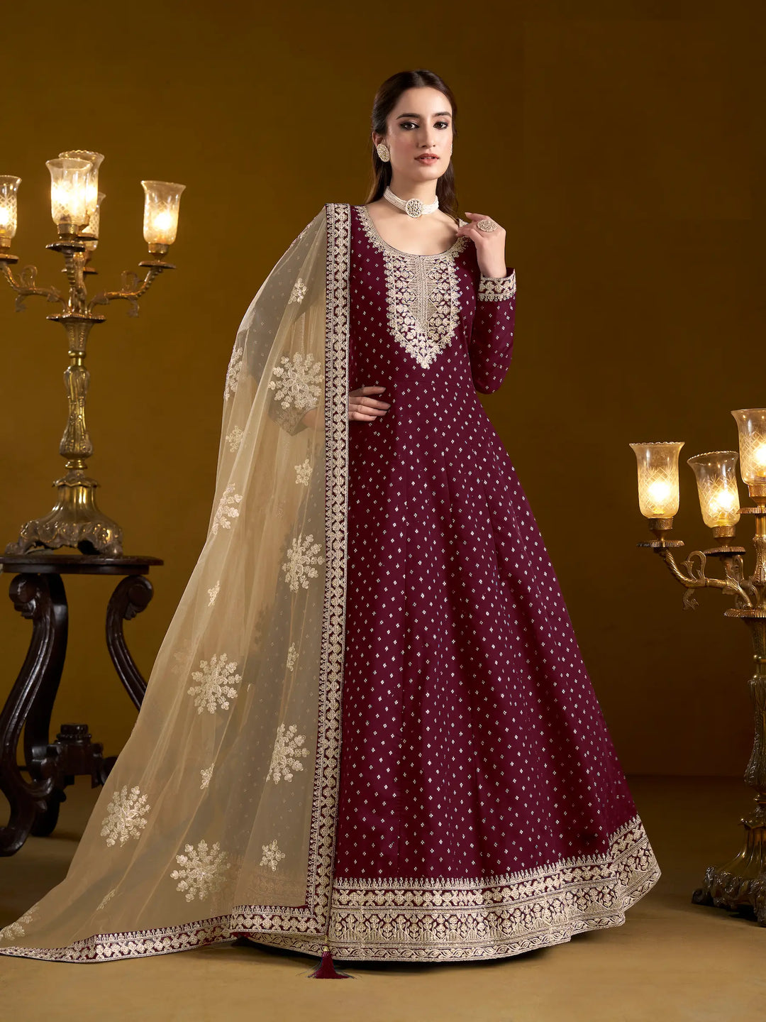 Wine Chanderi Silk Gown With Zari Weaving Work,Sequence & Thread Embroidery Work - qivii