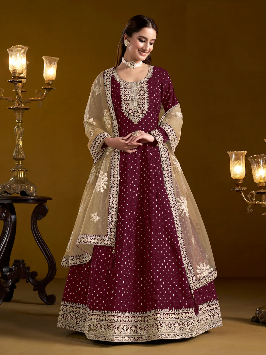 Wine Chanderi Silk Gown With Zari Weaving Work,Sequence & Thread Embroidery Work - qivii