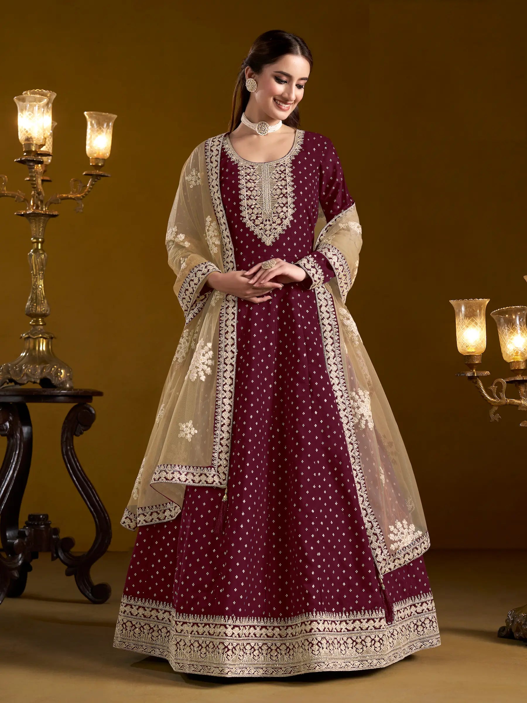Wine Chanderi Silk Gown With Zari Weaving Work,Sequence & Thread Embroidery Work