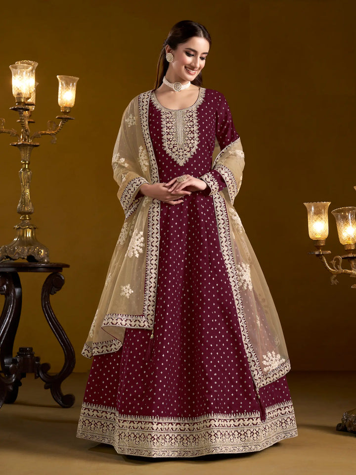 Wine Chanderi Silk Gown With Zari Weaving Work,Sequence & Thread Embroidery Work - qivii