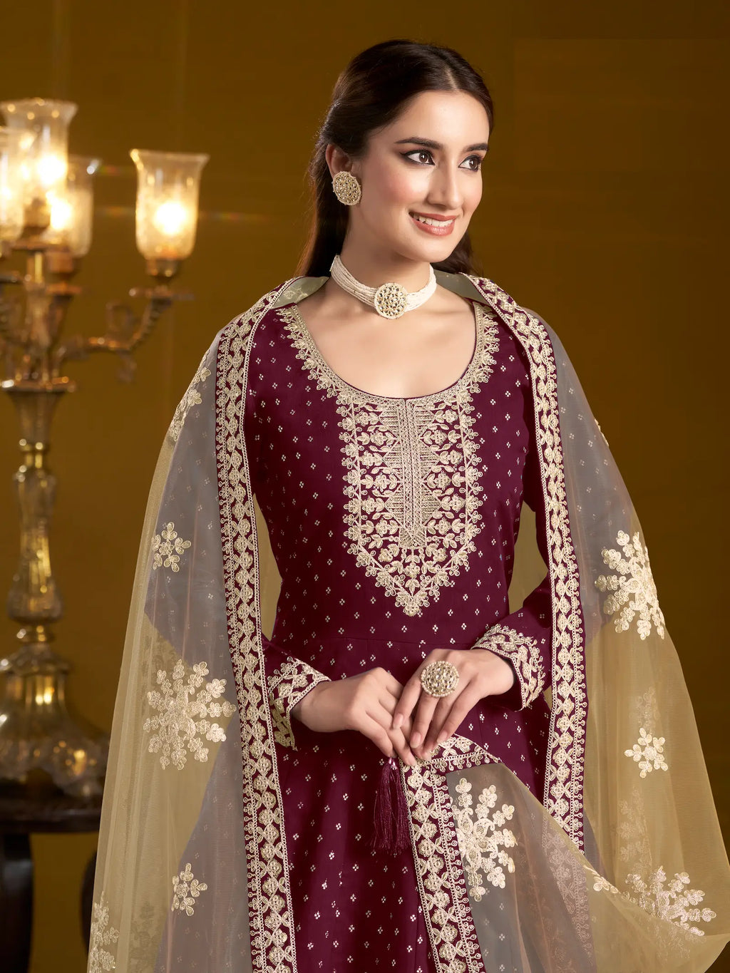 Wine Chanderi Silk Gown With Zari Weaving Work,Sequence & Thread Embroidery Work