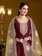 Wine Chanderi Silk Gown With Zari Weaving Work,Sequence & Thread Embroidery Work