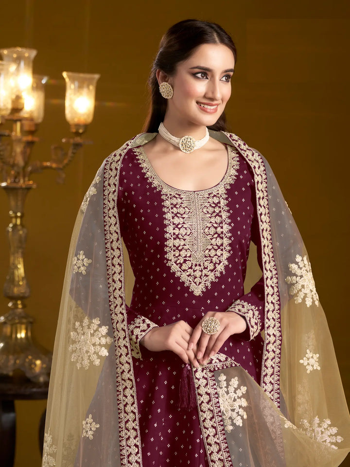 Wine Chanderi Silk Gown With Zari Weaving Work,Sequence & Thread Embroidery Work - qivii