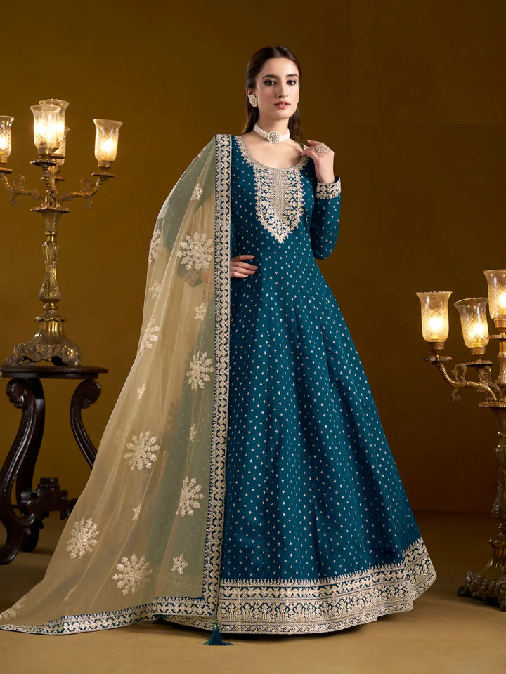 Teal Blue Chanderi Silk Gown With Zari Weaving Work,Sequence & Thread Embroidery Work - qivii