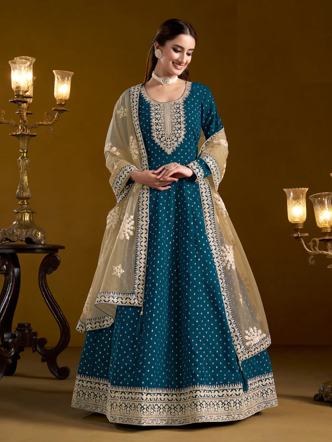 Teal Blue Chanderi Silk Gown With Zari Weaving Work,Sequence & Thread Embroidery Work - qivii