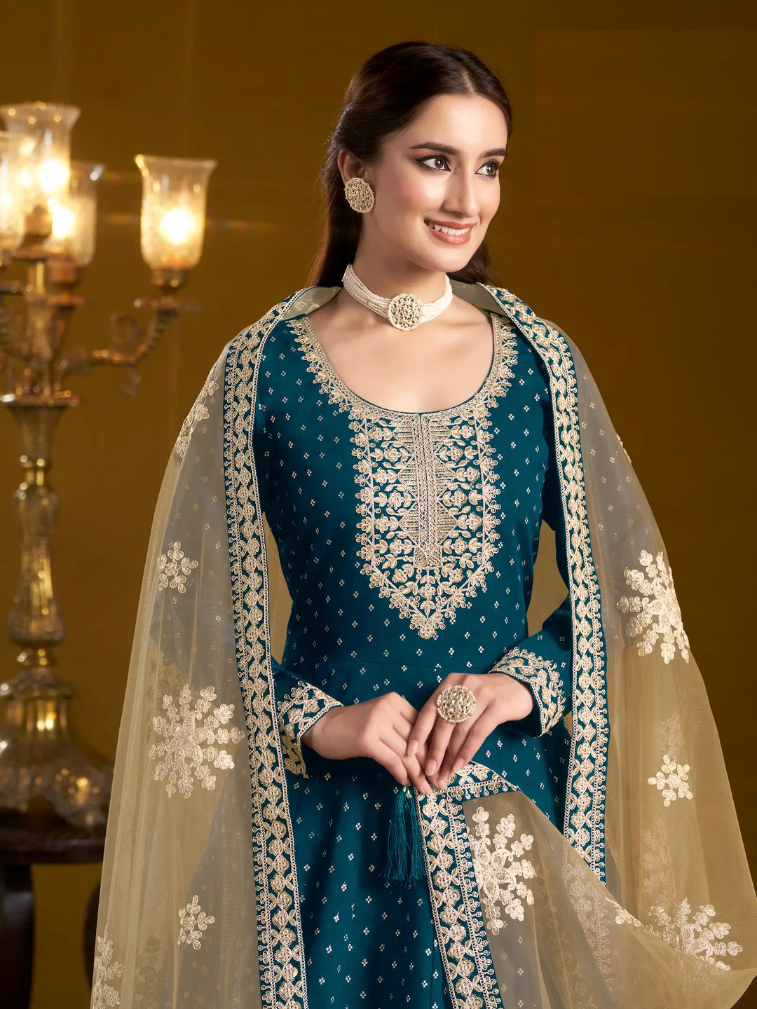 Teal Blue Chanderi Silk Gown With Zari Weaving Work,Sequence & Thread Embroidery Work - qivii
