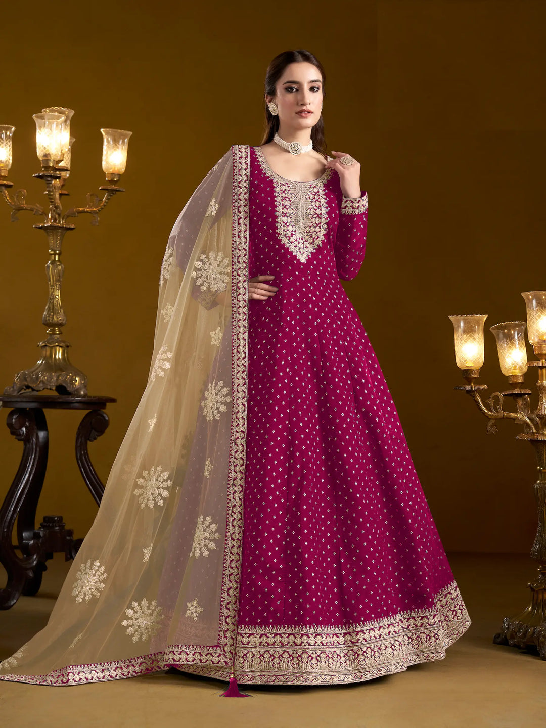 Dark Pink Chanderi Silk Gown With Zari Weaving Work,Sequence & Thread Embroidery Work - qivii