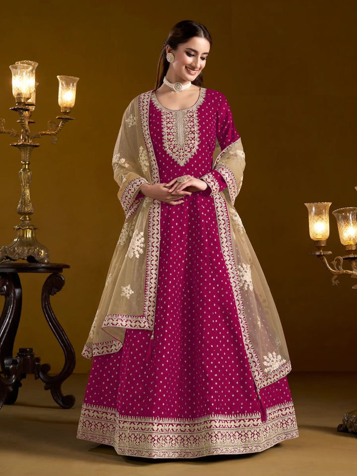 Dark Pink Chanderi Silk Gown With Zari Weaving Work,Sequence & Thread Embroidery Work - qivii