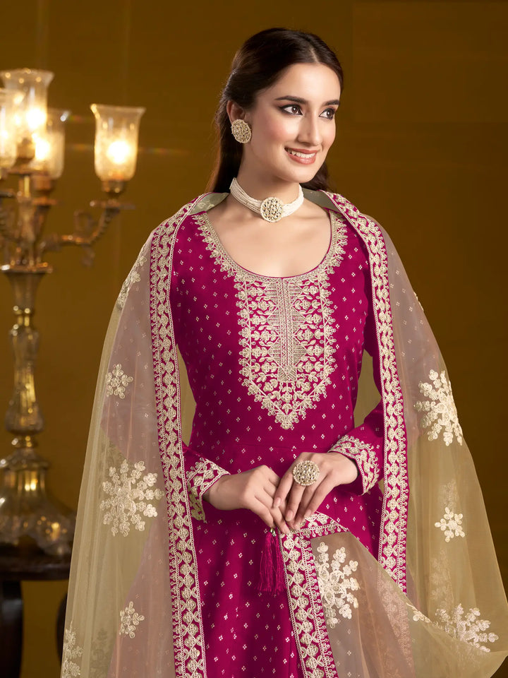 Dark Pink Chanderi Silk Gown With Zari Weaving Work,Sequence & Thread Embroidery Work - qivii