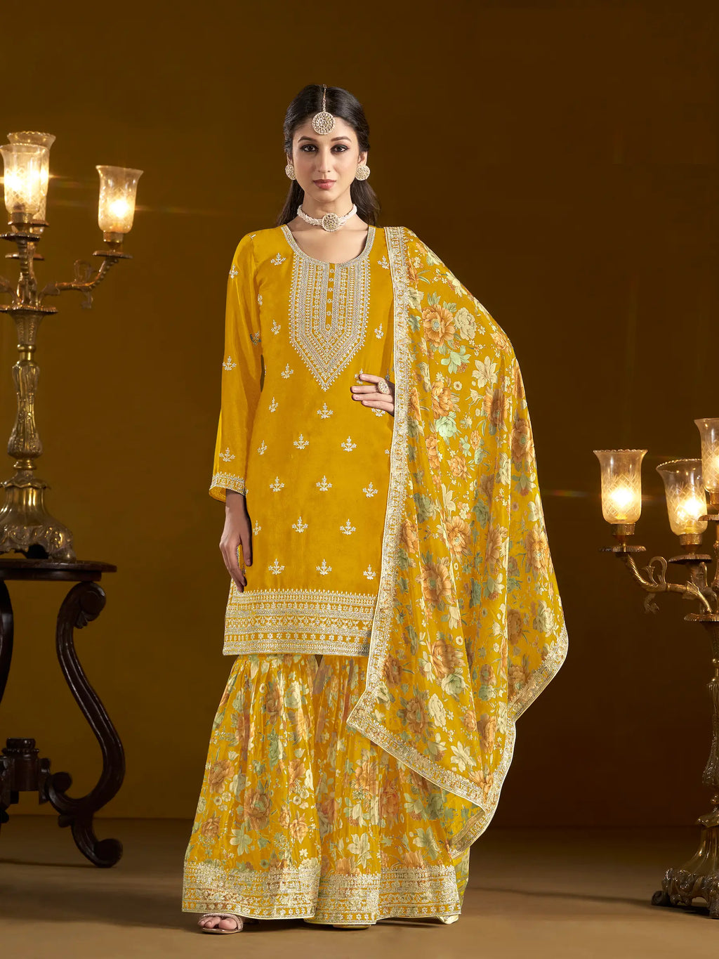 Yellow Chinon Printed, Sequins & Thread Embroidered Sharara Suit
