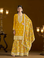Yellow Chinon Printed, Sequins & Thread Embroidered Sharara Suit