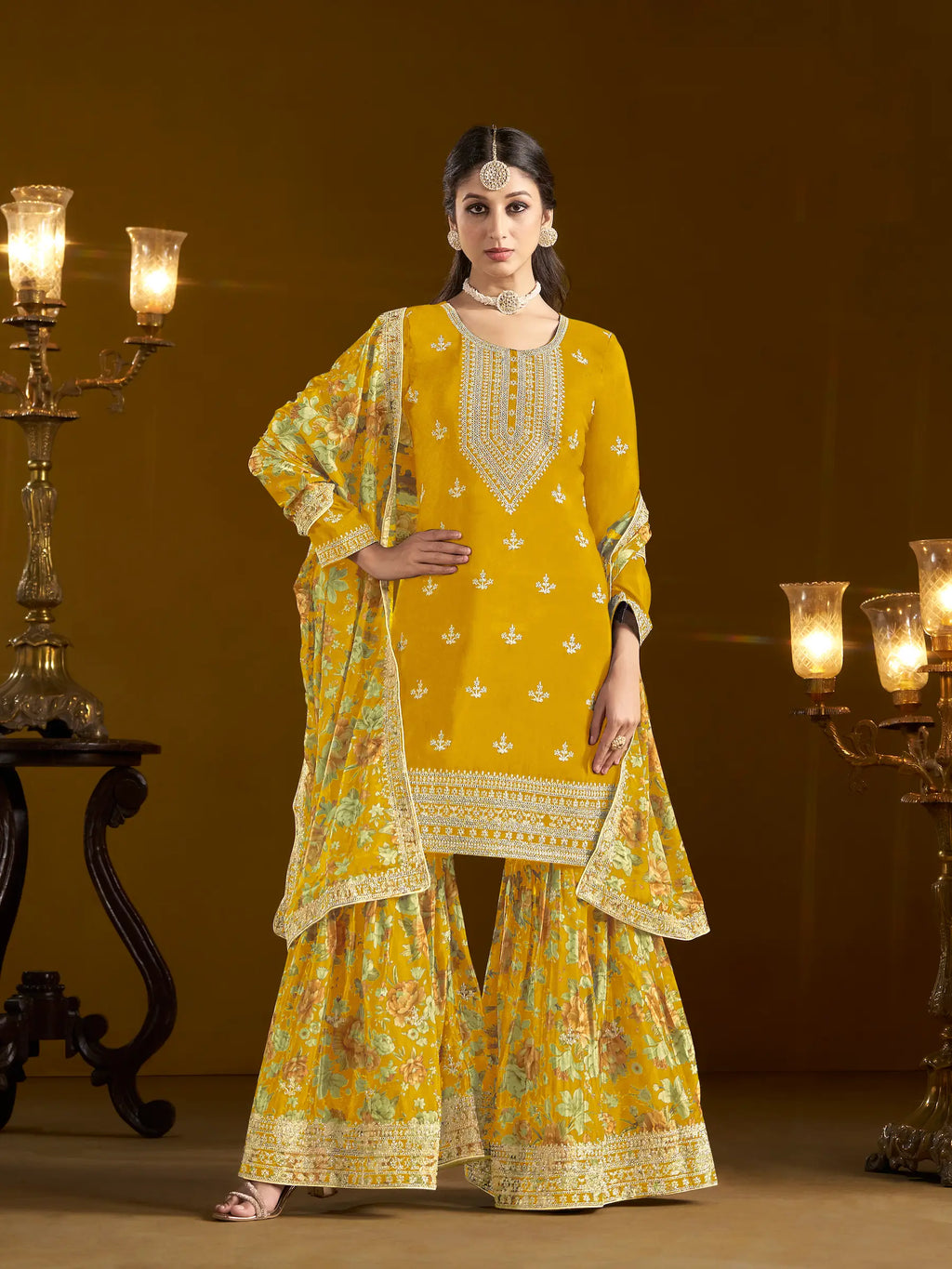 Yellow Chinon Printed, Sequins & Thread Embroidered Sharara Suit