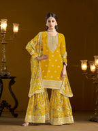 Yellow Chinon Printed, Sequins & Thread Embroidered Sharara Suit