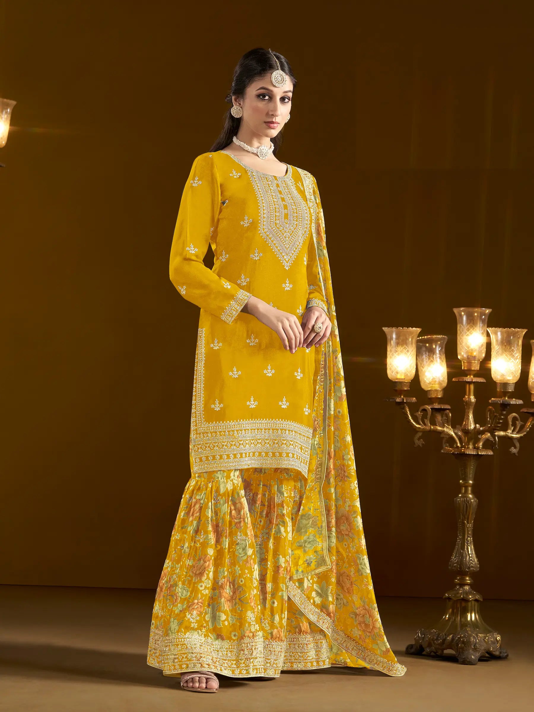 Yellow Chinon Printed, Sequins & Thread Embroidered Sharara Suit
