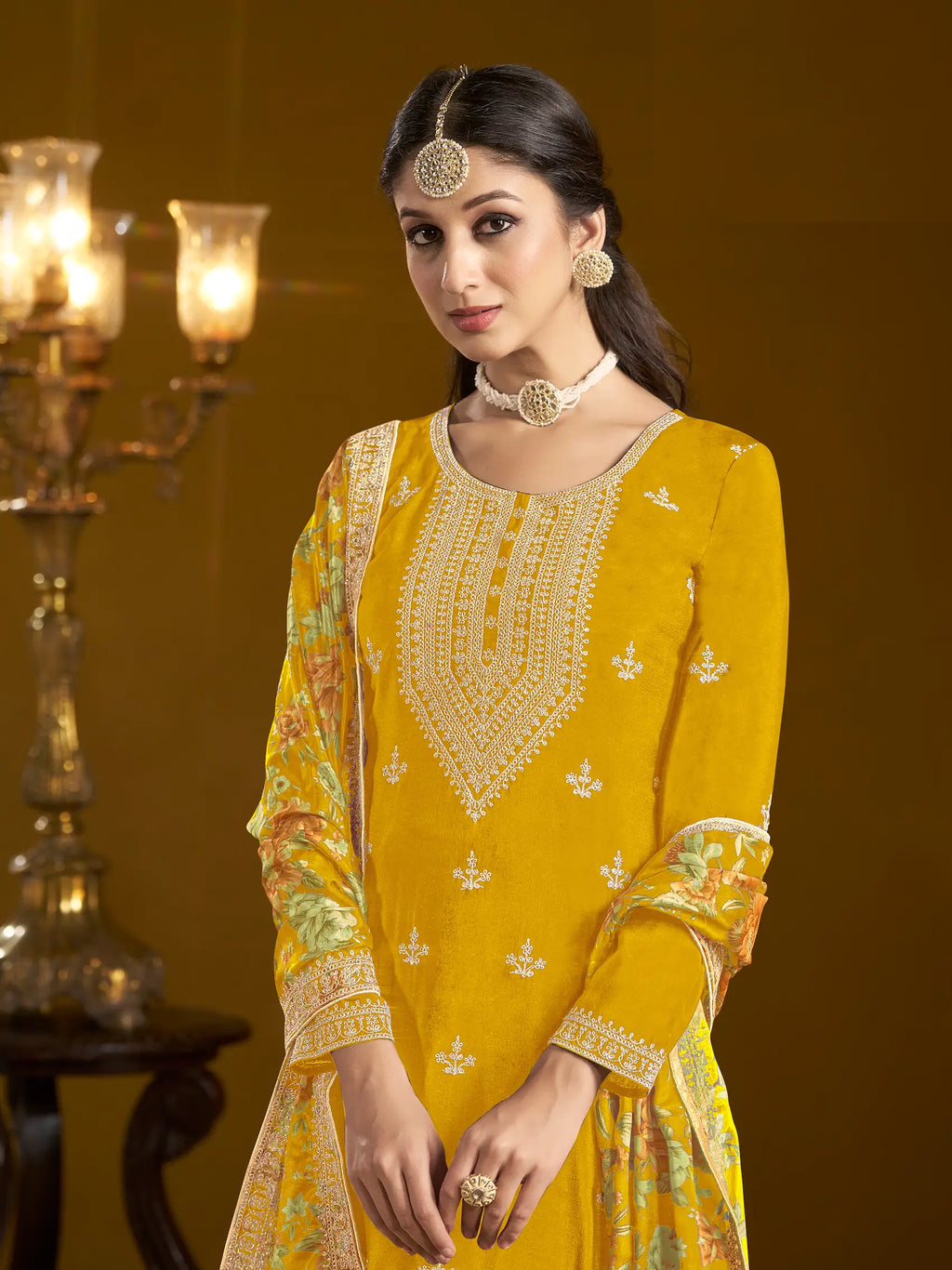 Yellow Chinon Printed, Sequins & Thread Embroidered Sharara Suit