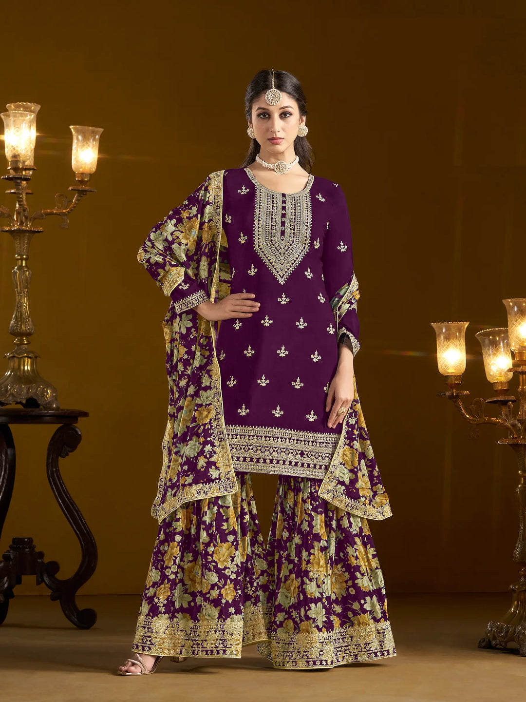 Wine Chinon Printed, Sequins & Thread Embroidered Sharara Suit - qivii