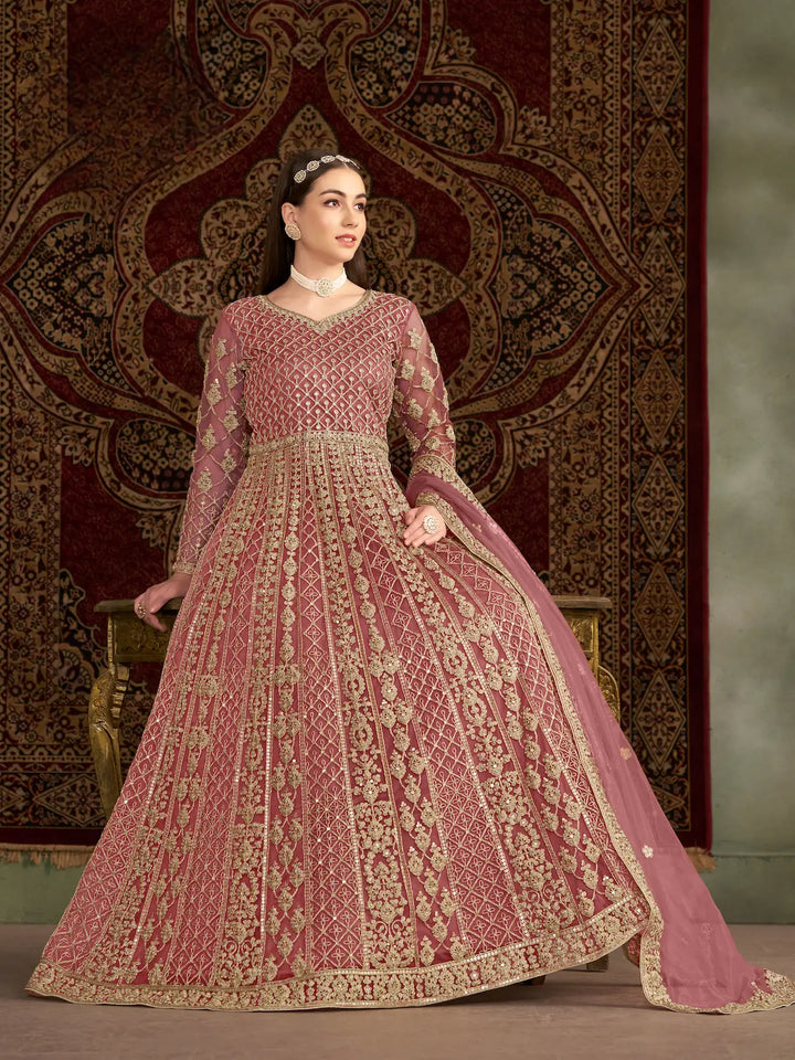 Light Pink Net Gown With Sequence & Zari Embroidery Work - qivii
