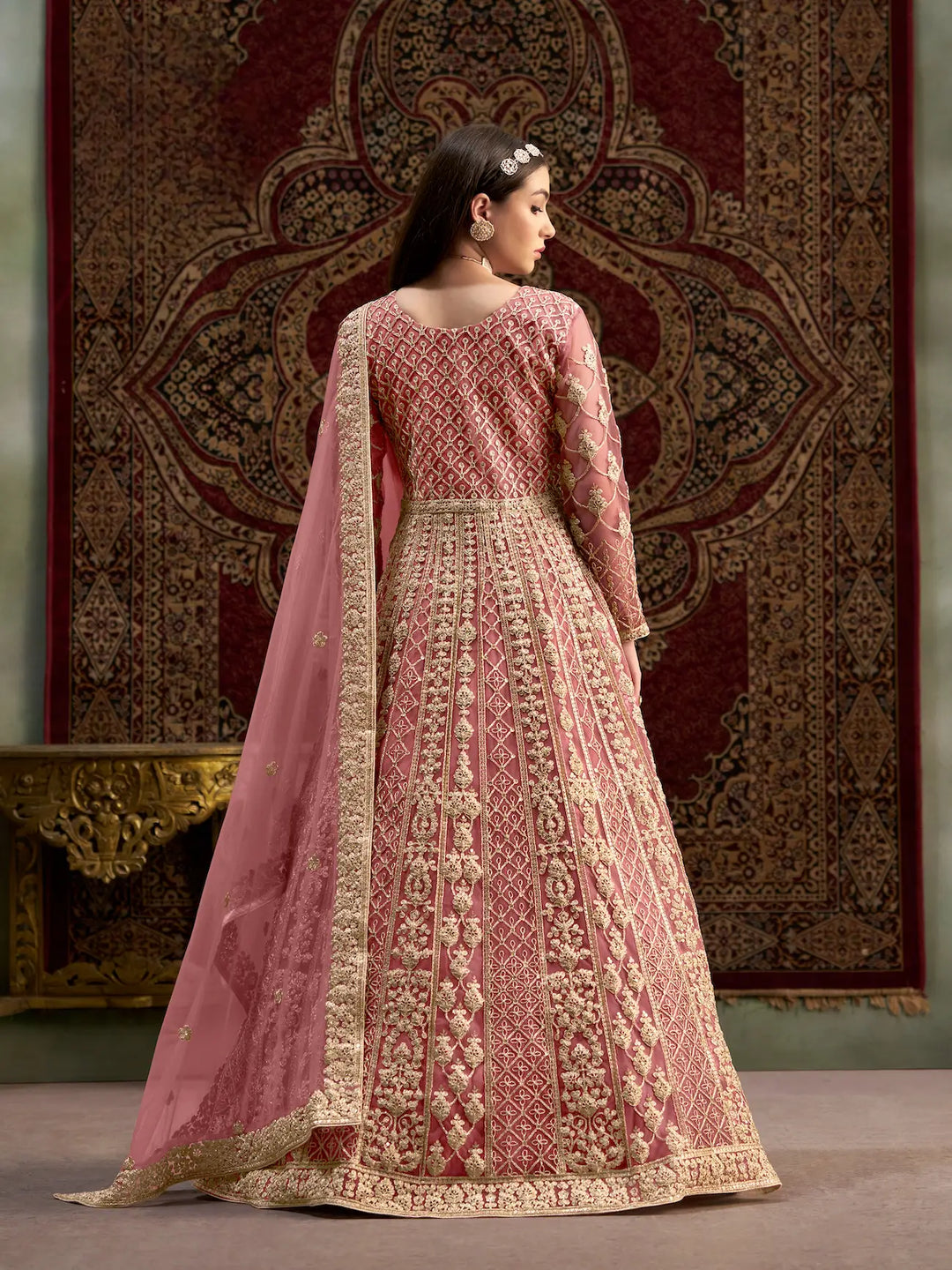 Light Pink Net Gown With Sequence & Zari Embroidery Work - qivii