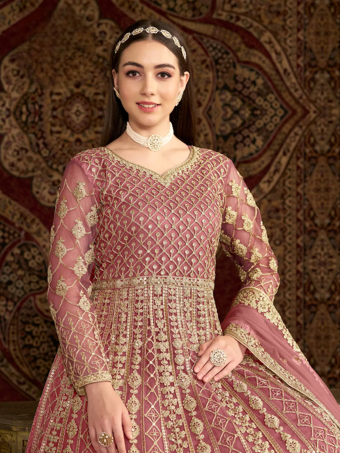 Light Pink Net Gown With Sequence & Zari Embroidery Work - qivii