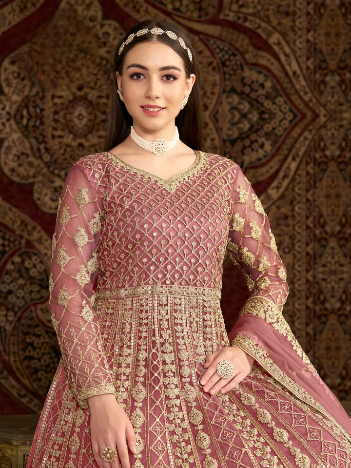 Light Pink Net Gown With Sequence & Zari Embroidery Work - qivii