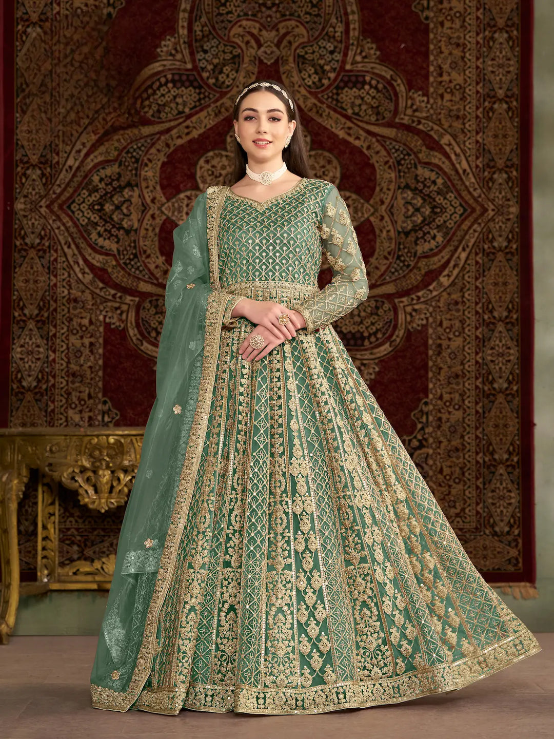 Pista Green Net Gown With Sequence & Zari Embroidery Work - qivii