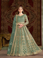 Pista Green Net Gown With Sequence & Zari Embroidery Work