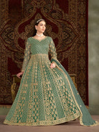 Pista Green Net Gown With Sequence & Zari Embroidery Work