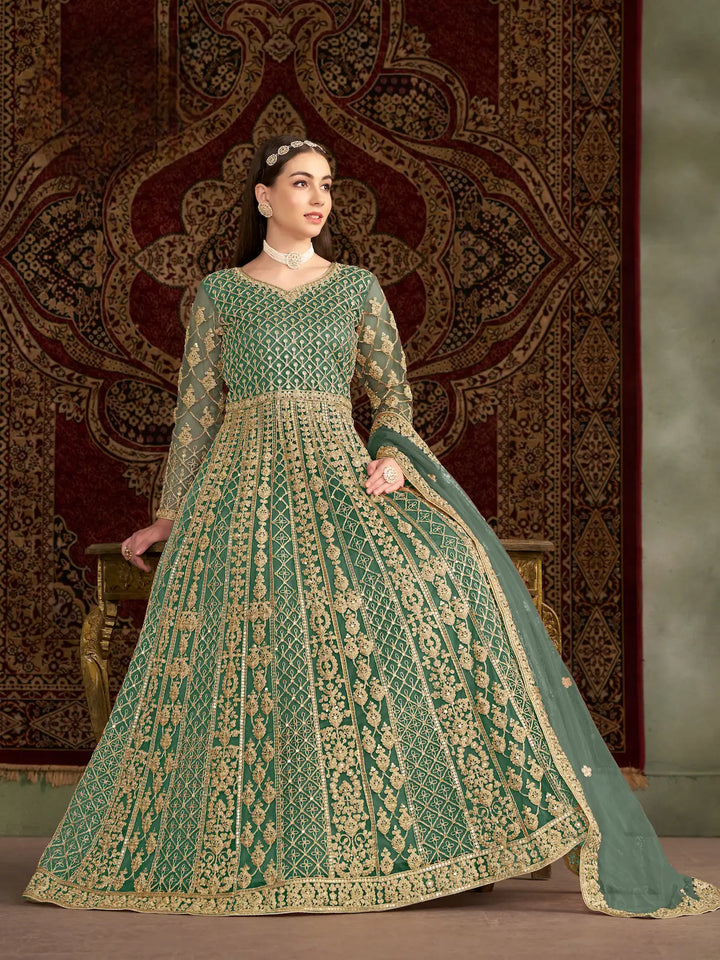 Pista Green Net Gown With Sequence & Zari Embroidery Work - qivii