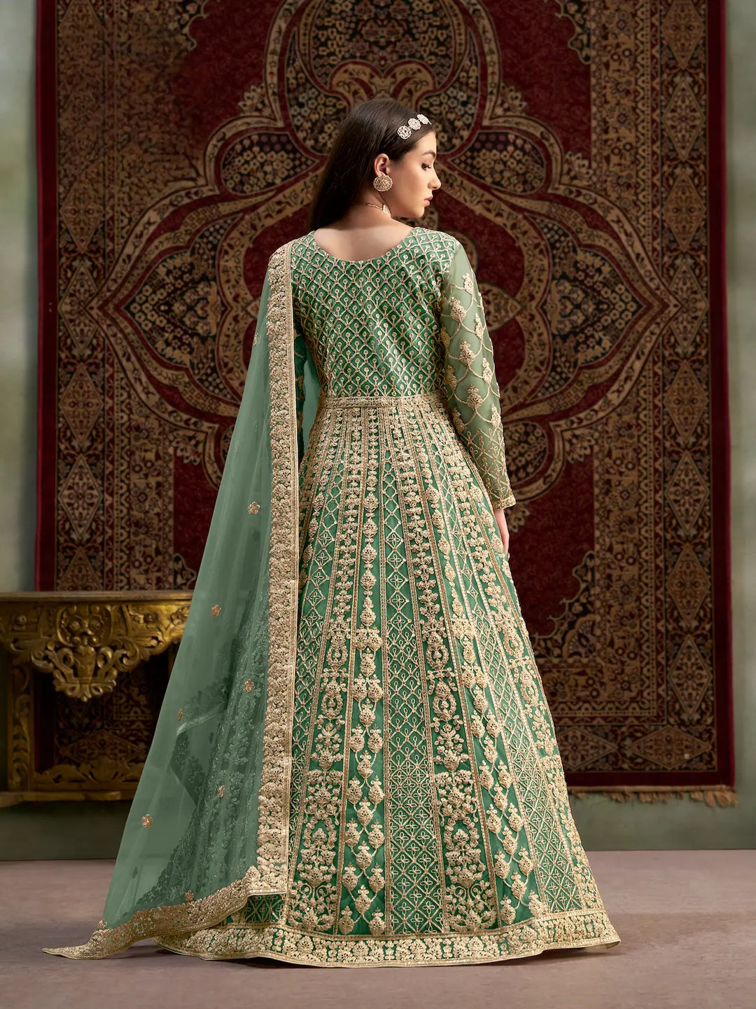 Pista Green Net Gown With Sequence & Zari Embroidery Work - qivii