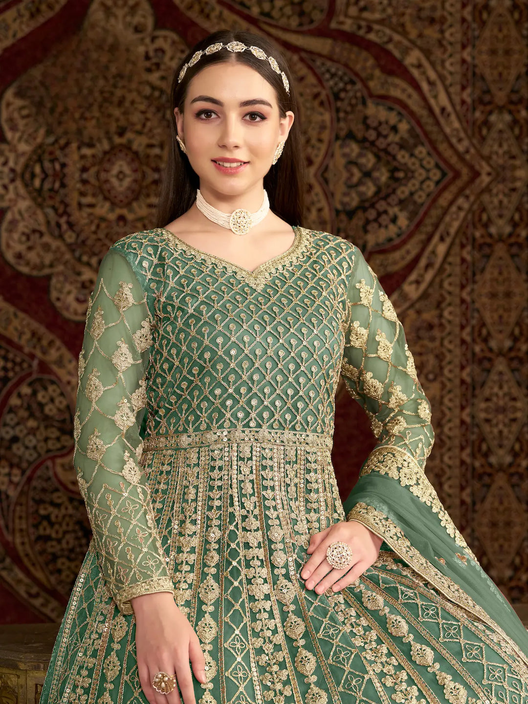 Pista Green Net Gown With Sequence & Zari Embroidery Work - qivii