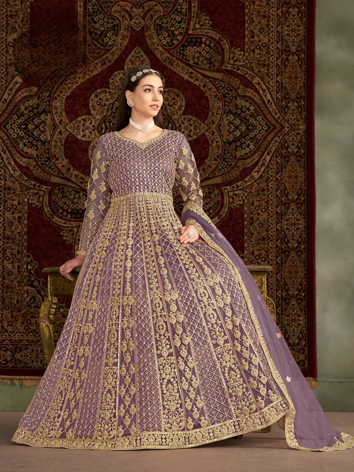 Lavender Net Gown With Sequence & Zari Embroidery Work - qivii